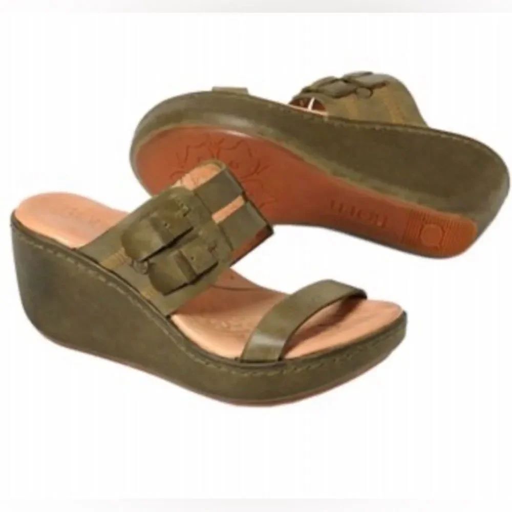 Born Chella Olive Green Leather Slip On Wedge Comfort Sandals olive green 8/39